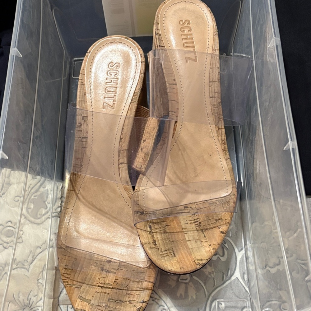 SCHUTZ Clear Strap Cork Slide Sandals in Natural/Tan - Picture 9 of 9